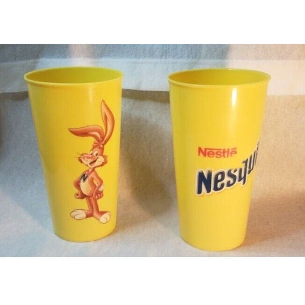 VTG Set 2 Nesquik Chocolate Milk Yellow Tall Plastic Rabbit Nestle Tumbler Cups